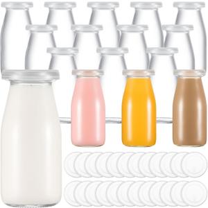 Zubebe 12 Pack 3.38 oz Small Glass Milk Bottles Clear Mini Party Bottles with Lids Glass Juice Jars Reusable Small Milk Jars Vintage Breakfast Shake Containers for Baby Shower Birthday Party Favors