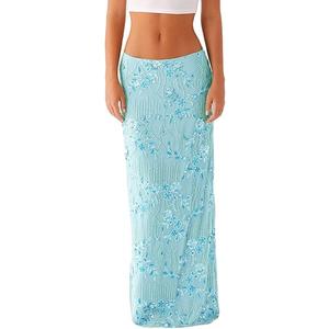 Women Y2k Sequin Long Skirt Sparkly Beaded Floral Maxi Skirt Rhinestone Glitter Midi Skirts Streetwear, Blue