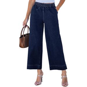 luvamia High Elastic Waisted Wide Leg Jeans for Women Crop Pants for Women Pull On Denim Pants Darkness Blue XX-Large Fits Size 20 / Size 22