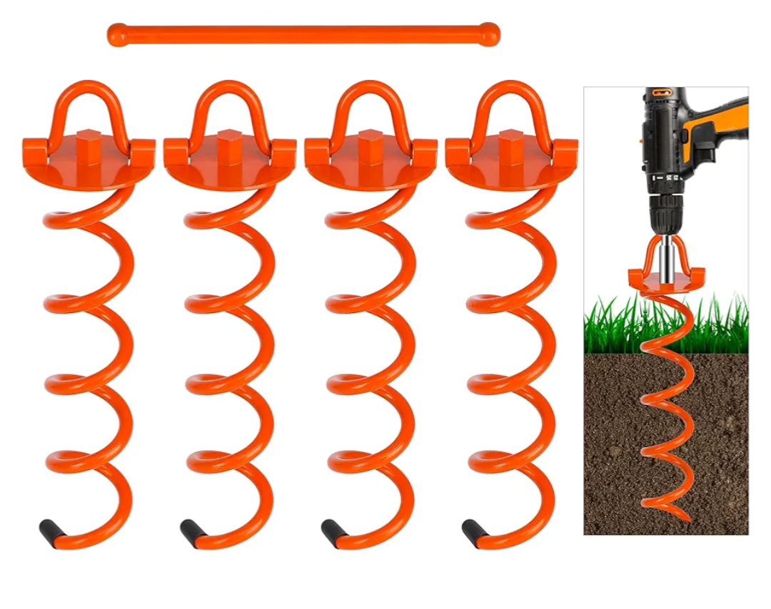 FEED GARDEN 12.2 Inch Spiral Ground Anchors Heavy Duty Screw in Spiral Stakes, 4 Pack Folding Ring Ground Stakes for Securing Dogs,Tents, Trampolines, Canopies, Swing Sets,Orange