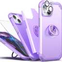 IDweel for iPhone 15 Case with Screen Protector + 360Ring Holder Stand + Camera Lens Protector,2 in 1 Shockproof Slim Fit Hybrid Heavy Duty Hard PC Cover Soft Silicone Bumper Full Body Case,Purple