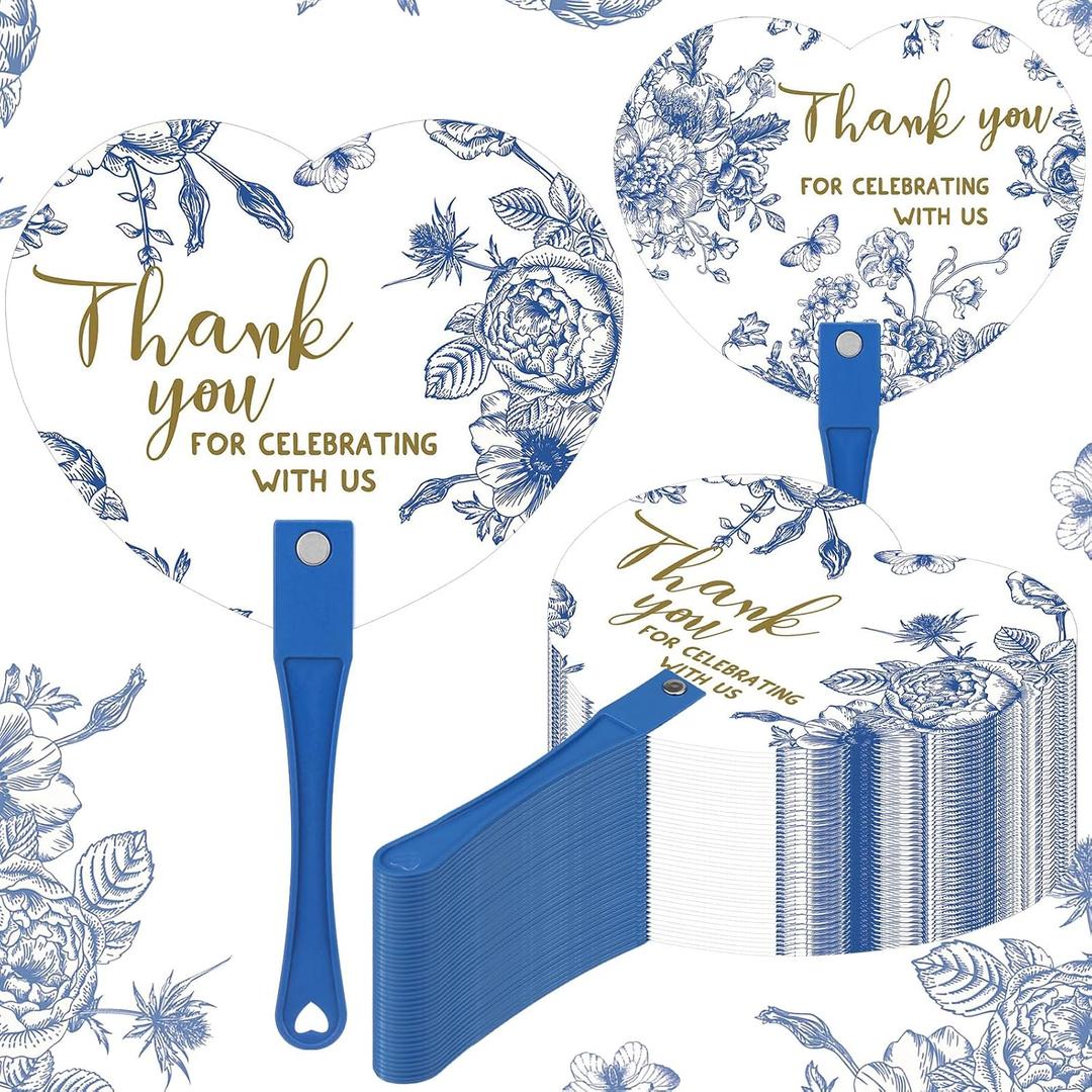 50 Pcs Wedding Hand Plastic Fans Handheld Wedding Favors Fans for Guests Bulk Thank You for Celebrating with Us Greenery Plastic Fan with Handle for Ceremony Bridal Shower(Blue Floral)