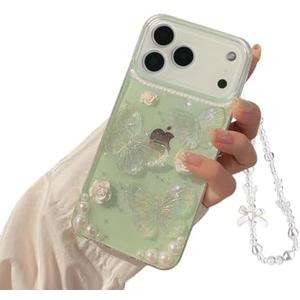 Fycyko Compatible for iPhone 17 Pro Max Case 3D Butterfly Floral Clear Aesthetic Women Teen Girls Glitter Pretty Crystal Sparkle Cute Phone Case Protective Cover+Chain