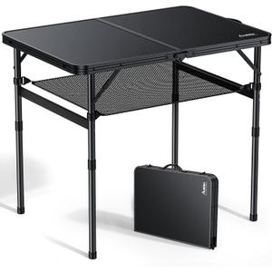 Anbte Folding Camping Table, 36" x 24" Portable Table Adjustable Height Max 28 inch Aluminum Folding Table with Storage Net, Lightweight, Portable Handle for Travel, Outdoor, Backyard (Black), 36"L x 24"W x 27.5H"