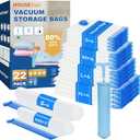 HOUSE DAY 22 Pack Vacuum Storage Bags with Pump,Space Saving Vacuum Seal Bags For Clothing Travel,4 Jumbo/4 Large/4 Medium/4 Small, 4S Roll/2XXS Roll Bags, Hand Pump Included, Sealer Clothes Storage