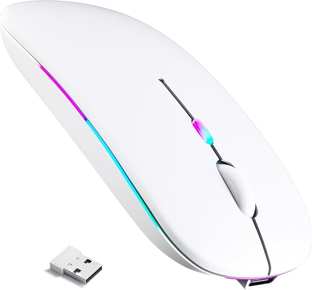 Rechargeable Wireless Mouse, LED Bluetooth Wireless Mouse for iPad, Slim Portable Computer Mice with USB Receiver, BT5.4 and 2.4G Dual Connection, Quiet Silent for Laptop/Notebook/pc/iPad/Chromebook (White)