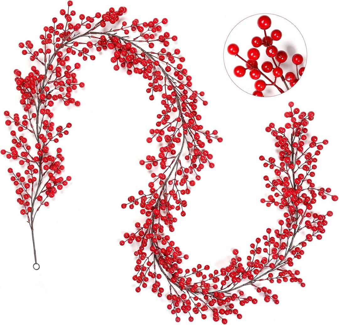 Joyhalo Red Berry Garland - 8.9 FT Christmas Cranberry Garland for Christmas Tree, Winter Holly Berries for Decorating Mantle Xmas Tree Window Door Indoor Outdoor Holiday Decoration (1 Pack)