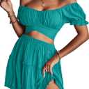 LYANER Women's 2 Piece Outfits Floral Off Shoulder Tie Up Crop Top and Mini Skirt Set (Lake Blue), S