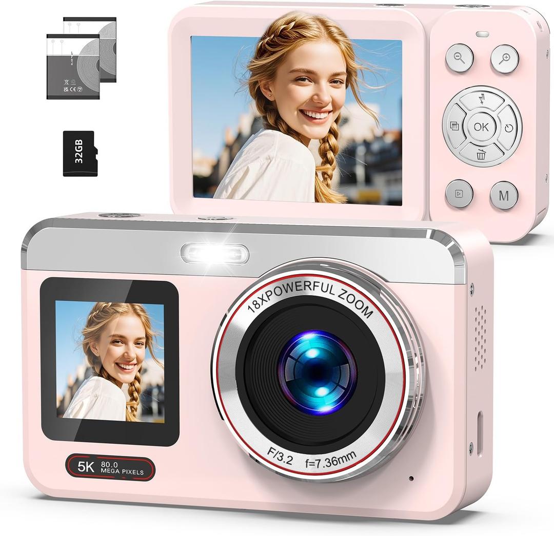 Digital Camera, 5K Vlogging Camera for Photography, 80MP Dual Screen Point and Shoot Digital Camera with Auto Focus, 18X Zoom, Flash, 2 Batteries, 32GB Card for Teens and Adults (Pink)