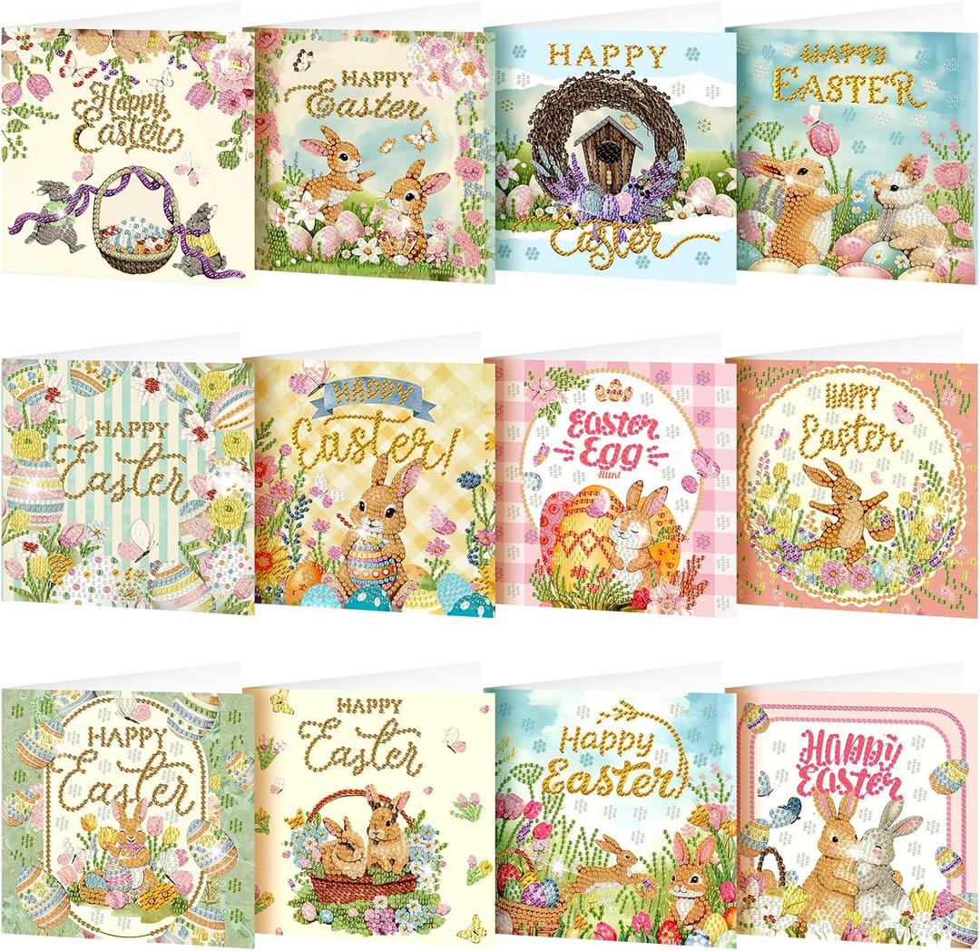 Saillong 12 Pack Vintage Easter Diamond Painting Greeting Card Kits DIY Easter Diamond Art Card with Envelope Spring Bunny Egg 5D Rhinestones Painting Making Kit for Adult DIY Craft Family Friend Gift