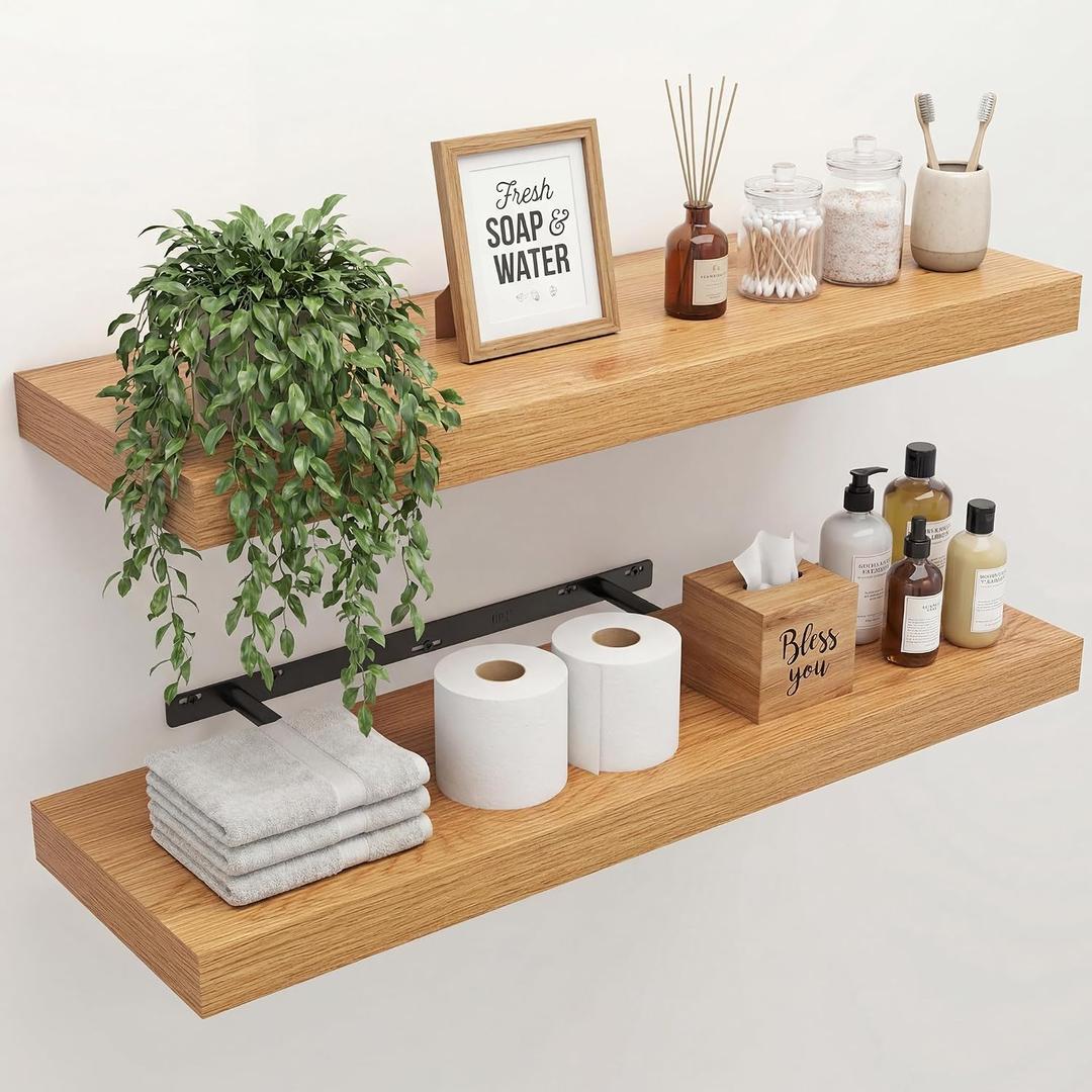 30" Width Floating Shelves, Wall Shelves for Bathroom/Living Room/Bedroom/Kitchen Decor, Oak Shelves with Invisible Brackets Set of 2