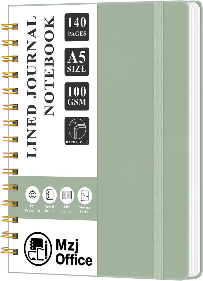 5 x Lined Journaling Notebook for Women, A5 Spiral Notebook with 100gsm Thick Paper, 70 Sheets / 140 Pages, Notebooks for Work, Journals, Notes, Bible Study, and Daily Use (A5 | 5.83" x 8.27", Sage Green)