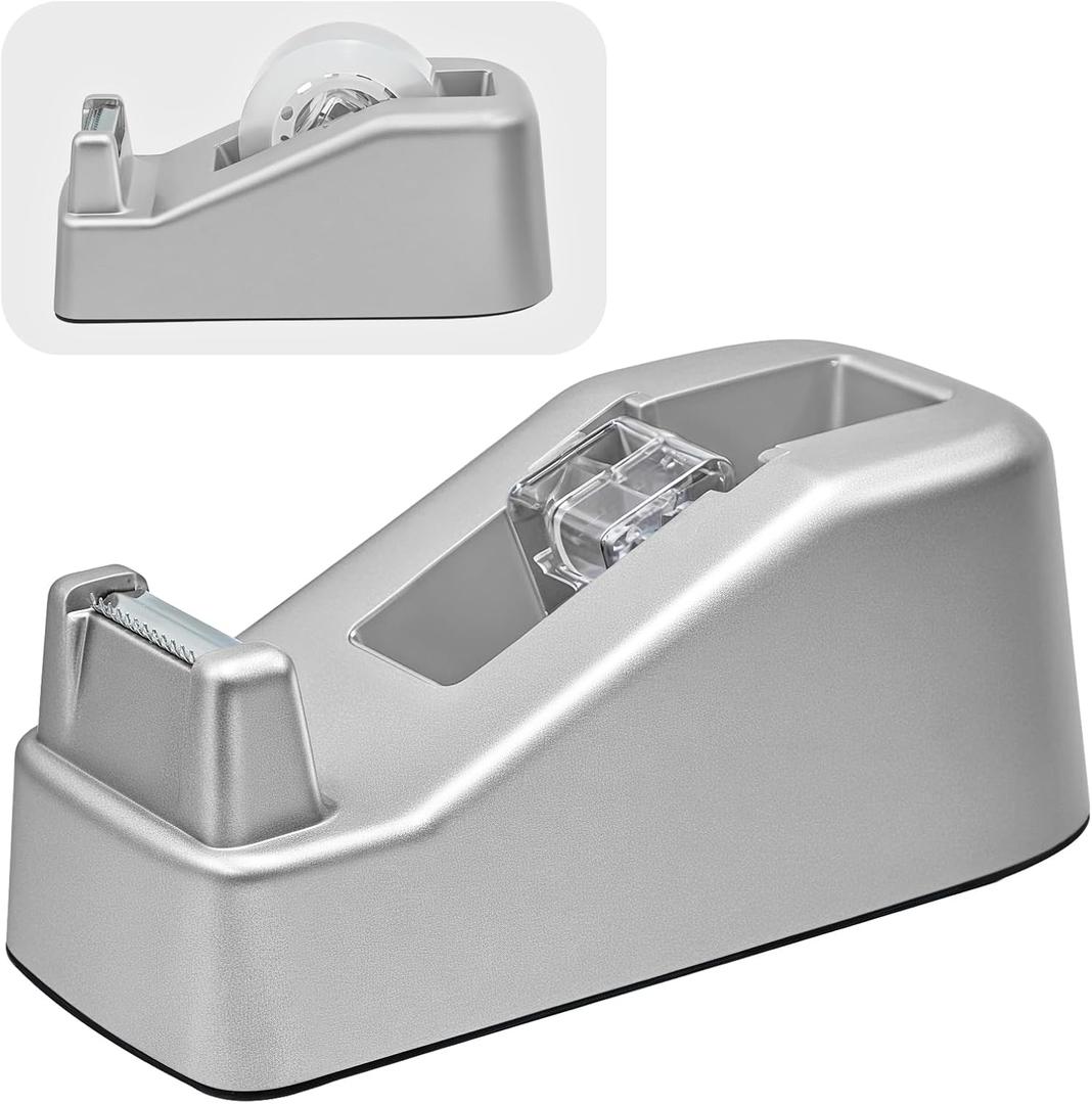 Desktop Office Tape Dispenser, Fits Standard 1-Inch Core Tapes, Weighted Non-Slip Base, Sharp Metal Blade, Smooth Cutting, Adhesive Roll Holder for Office, School, Shop, Home, Business - Silver