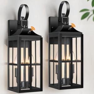 2 Pack 19" Large Outside Modern Wall Sconce Light Fixture Dusk to Dawn, Industrial Porch Light Wall Mount with Glass, Waterproof Farmhouse Exterior Lamp Lighting Bulbs Included (Black-DTD-2)