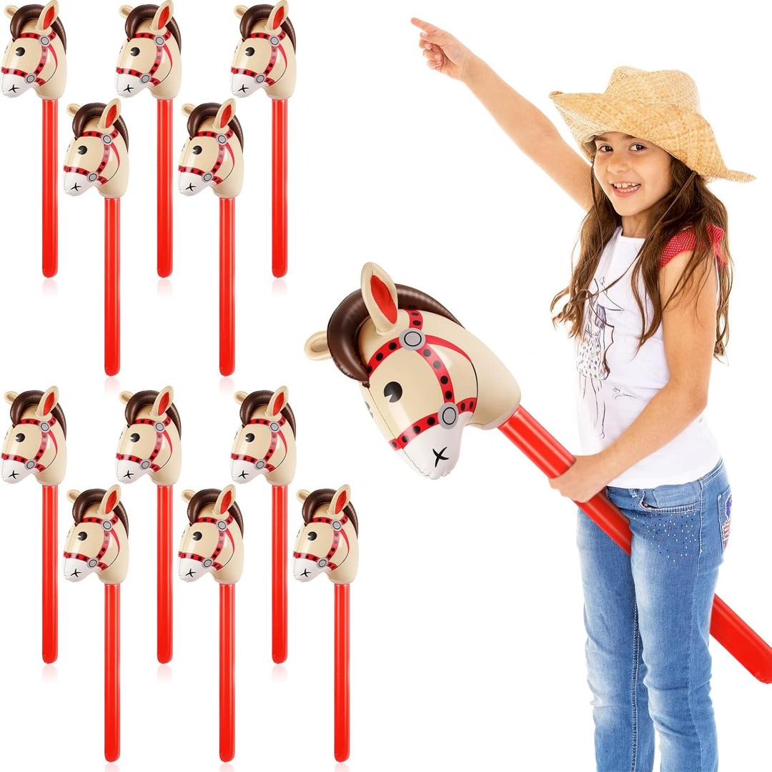 Chivao 12 Pieces Inflatable Stick Horse Cute Horse Head Stick Blow up Balloon Colorful Cowboy Cowgirl Party Decorations for Themed Birthday Party(Red) (37.4 Inches)