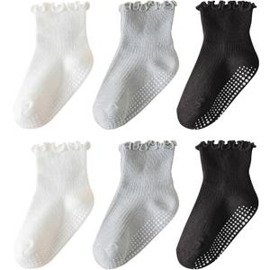 6 Pairs Toddler Ruffle Socks for Girls - Baby Grip Socks with Non-Slip, Cute Grippy Frilly Design (1-3T)