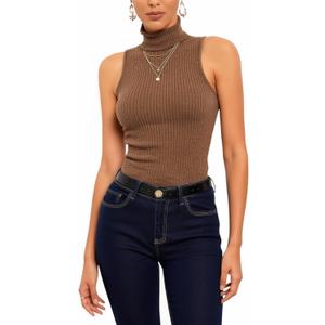 Women's Turtleneck Sleeveless Tank Top Slim Fit Dressy Casual Ribbed Knit Tops, S