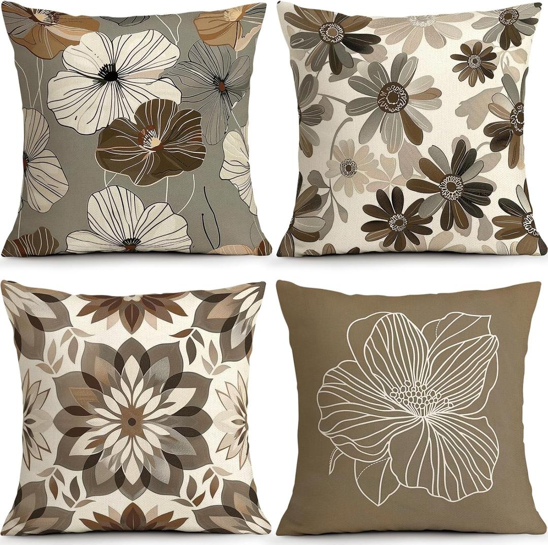 OBSEDE Neutral Boho Floral Throw Pillow Covers 18x18 Set of 4, Farmhouse Decor for Home Couch Sofa Living Room, Rustic Floral Decorative Cushion Cases