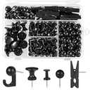 200 Pieces Push Pins Thumb Tacks Black Push Pins for Cork Board, 5 Style for Bulletin Boards Wall Maps Pictures Office Home Supplies