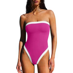 LASLULU Womens Sexy One Piece Swimsuit Strapless Padded Square Neck Bandeau Bathing Suits with Adjustable Spaghetti Straps (Pink, L)