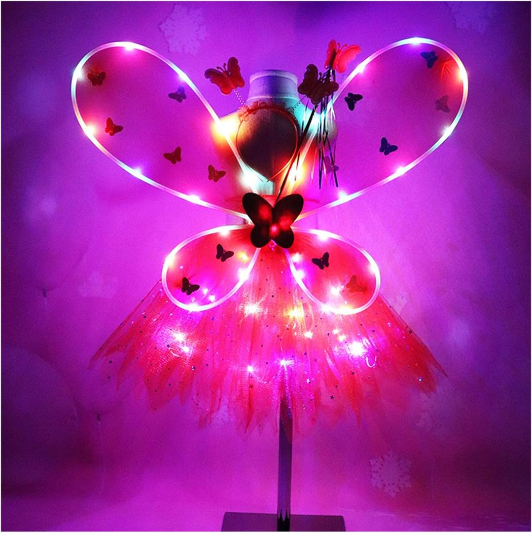 Girls Led Light up Angel Wings Kids Butterfly Wings Costume 4Pcs Sets (One Size Fit for 3-11Year, Hot Pink)