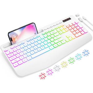 Wireless Keyboard with 9 Effects Backlits, Wrist Rest, Phone Holder, Rechargeable Ergonomic Computer Keyboard with Silent Keys, 2.4G Lag-Free Cordless Set for PC, Laptop, Windows, Mac (Keyboard Only)