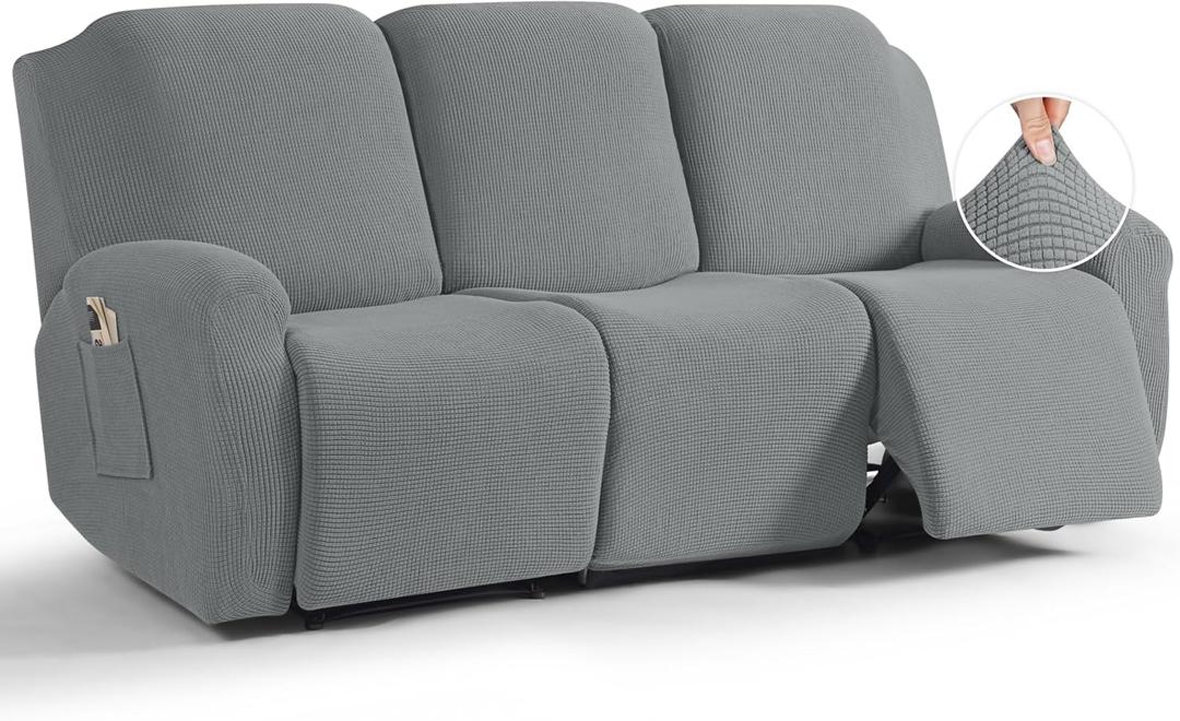 TAOCOCO Recliner Sofa Covers 8-Pieces Stretch Large Couch Covers for 3 Seats Reclining Slipcovers Soft Jacquard Pattern Furniture Protector (Dusty Grey)