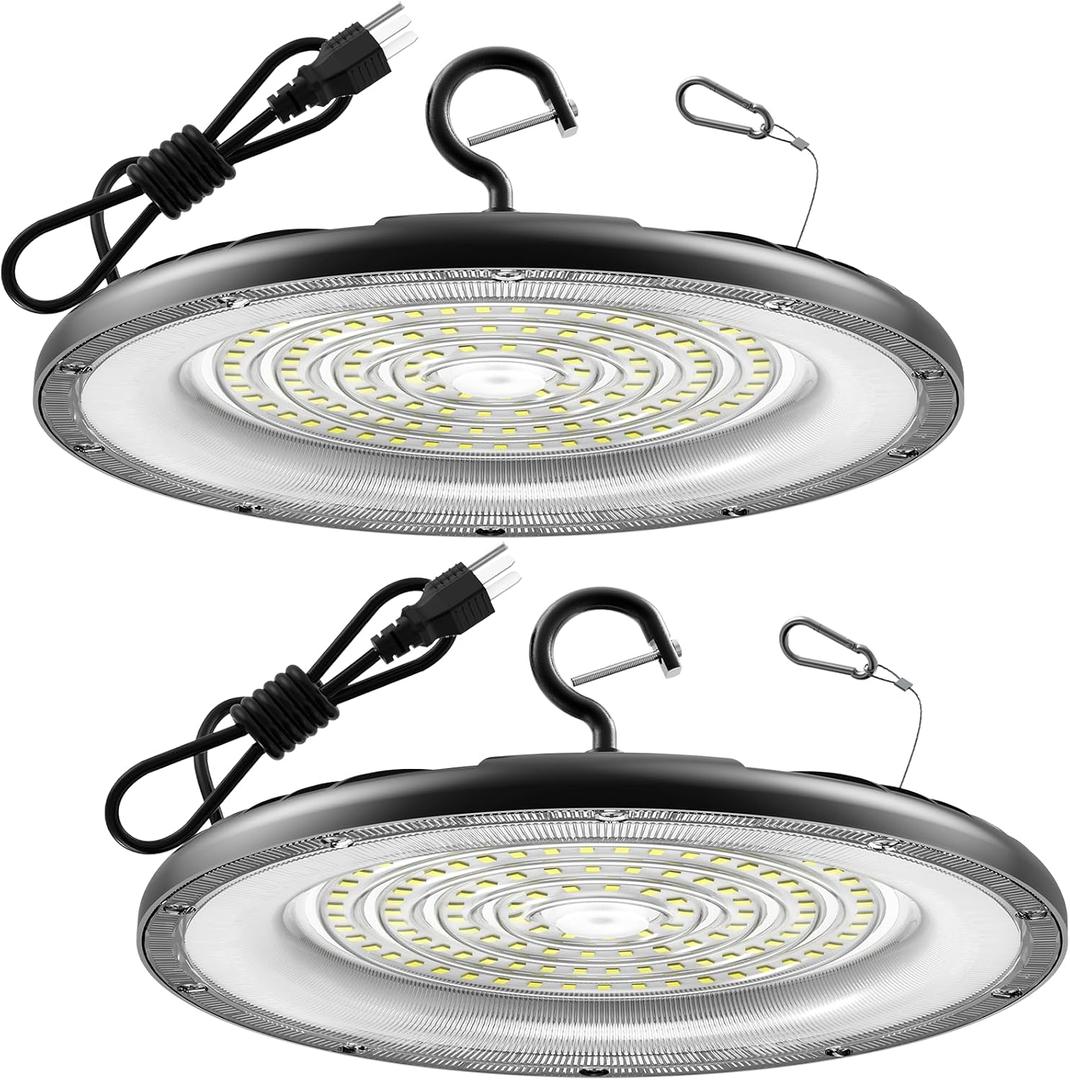 AIKVSXER 2 Pack UFO LED High Bay Light, 150W 30000LM LED Shop Lights, Commercial High Bay Lighting with Plug & Hanging Hook, Round UFO Lights IP65 Warehouse Garage Workshop Lighting