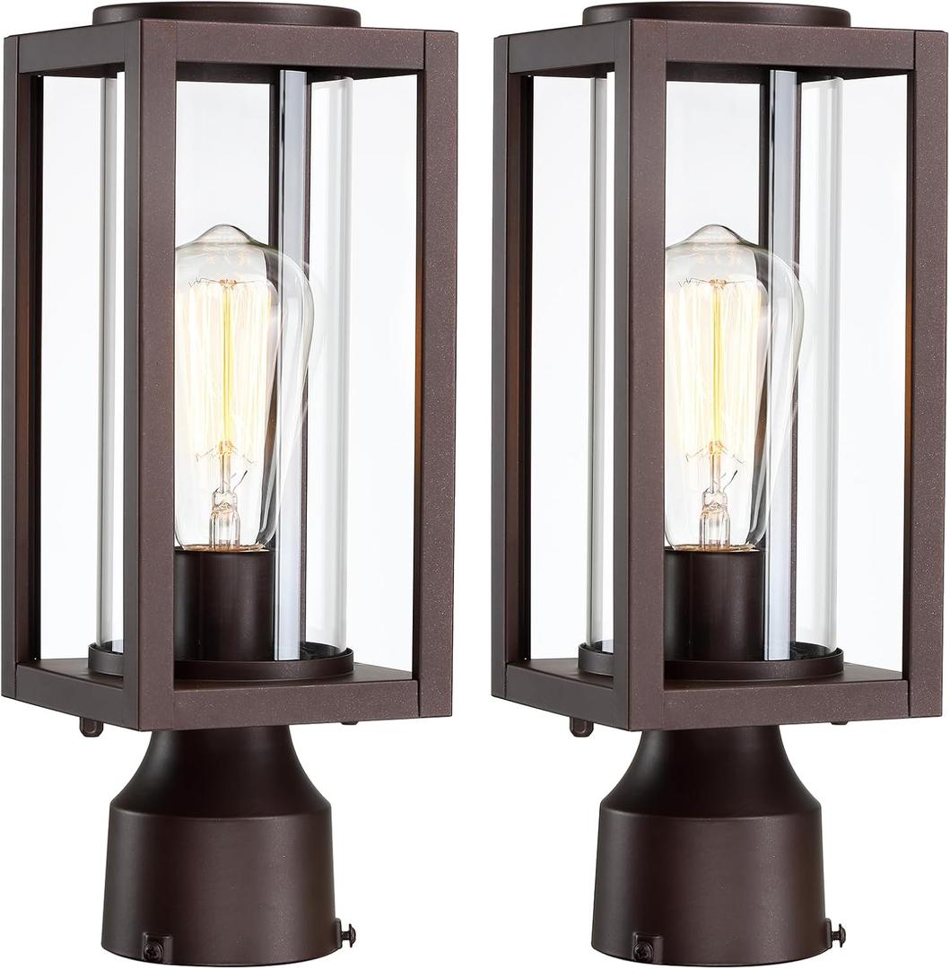 Outdoor Post Lights Lamp Post Light Fixture 2 Pack, Modern Brown Exterior Post Lantern Fixture with Tempered Glass, Anti-Rust Light Posts for Outside for Driveway Patio Garden (No Sensor)