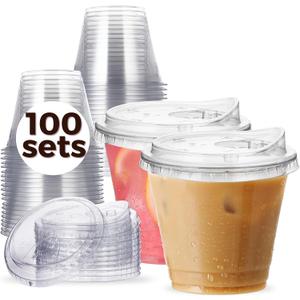 100 Pack 9 oz Clear Plastic Cups with Strawless-Sip-Lids, Disposable Cups Plastic Iced Coffee Cups, To Go Cups with Sip Through Lids for Smoothie, Milkshake, Cold Drinks for Party, Wedding, Event