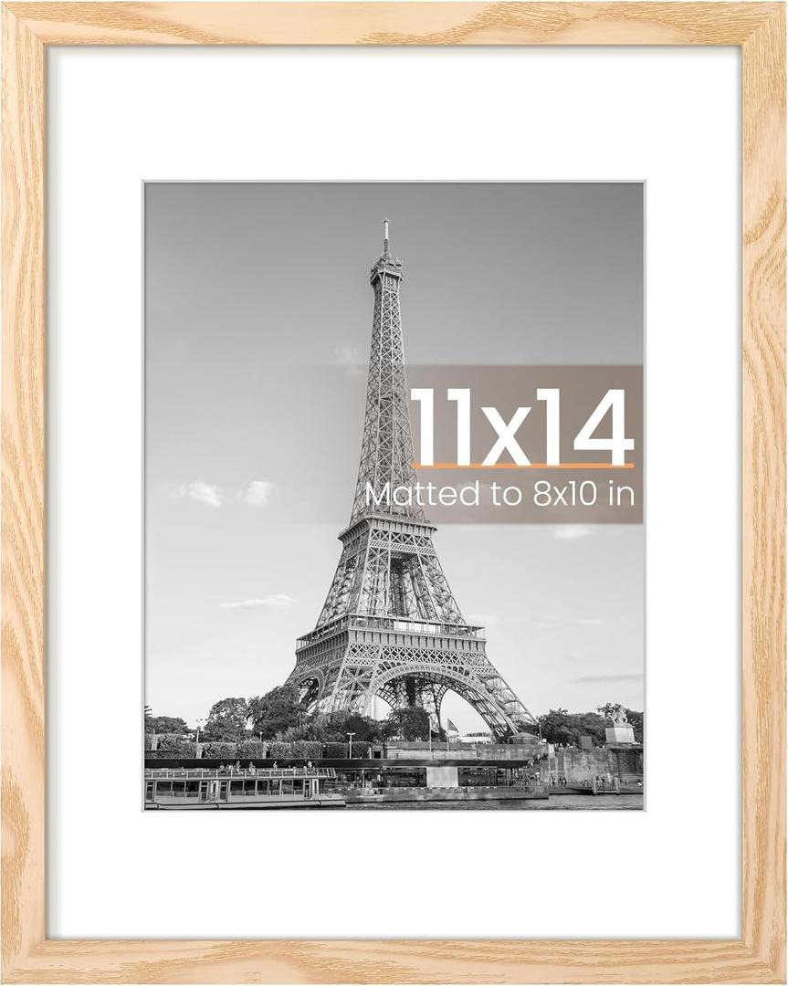 upsimples 11x14 Picture Frame, Display Pictures 8x10 with Mat or 11x14 Without Mat, Wall Hanging Photo Frame, Natural, 1 Pack