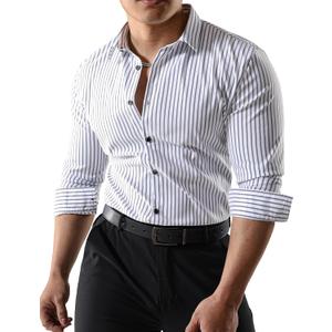 JOGAL Mens Striped Shirts Long Sleeve Textured Satin Party Shirt Slim Fit Wrinkle-Free Button Down Shirts (L)