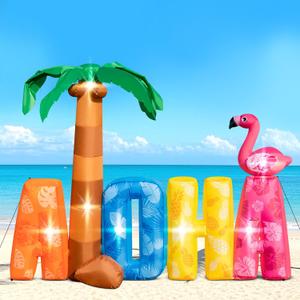 7.2FT Inflatable Aloha Sign with Palm Tree Flamingo for Luau Party Decorations Blow Up Aloha Outdoor Decorations Built-in 7 Led Lights for Hawaiian Pool Summer Beach Tropical Party Yard Lawn Decor