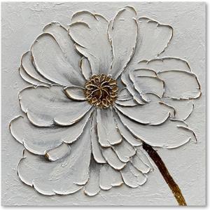 Diathou Art 24x24 inches Hand-painted golden texture white flower oil painting. Modern abstract art. Suitable for decoration on walls of living room, bedroom or office