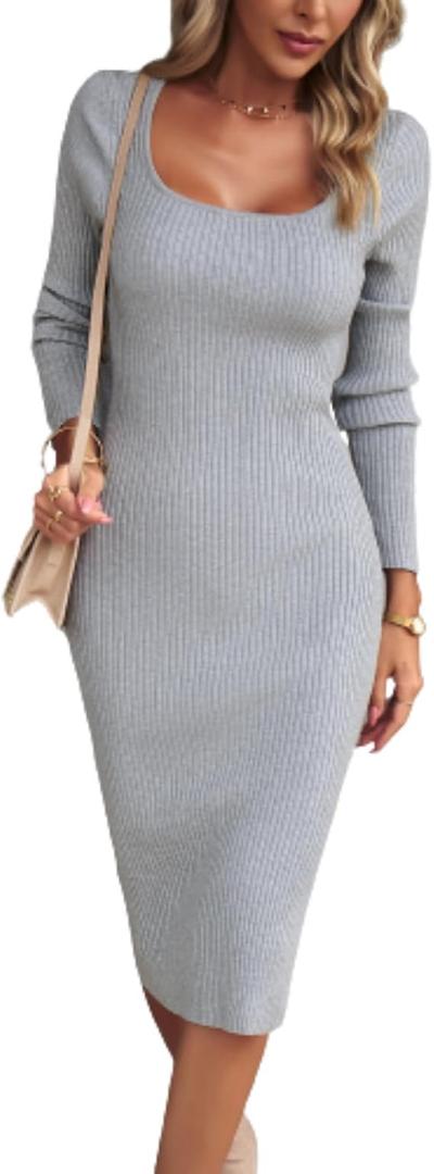 Womens Solid Long Sleeve Square Neck Bodycon Midi Length Tight Slit Pencil Dress Autumn Knitted Sexy Sweater Dresses, XXL, Gray