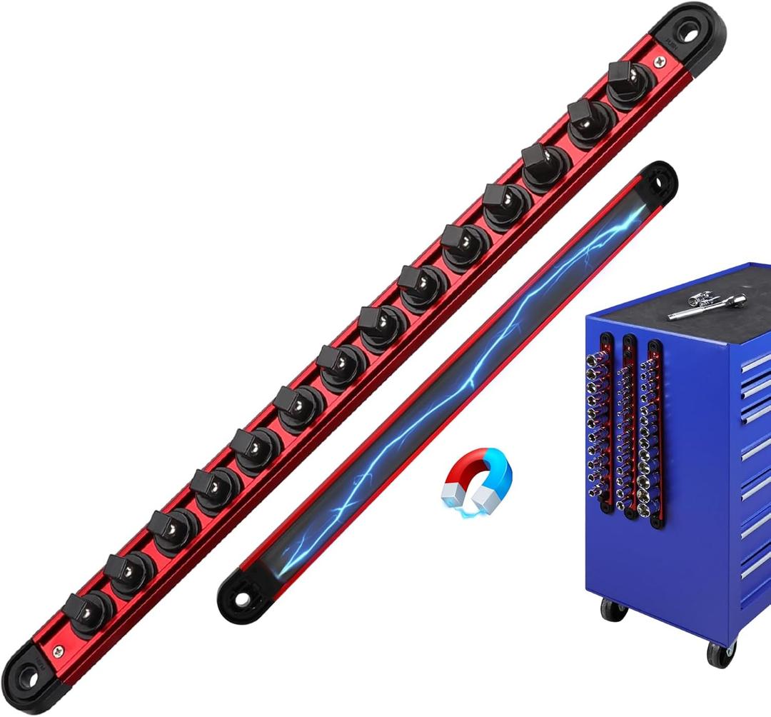 3/8-Inch Magnetic Socket Organizer Rail, Aluminum Alloy Socket Rail, Heavy Duty Sockets Holder with 14 Clips, 360 Swivel Clip Tool Tray, Sockets Organizer for Tool Box Drawer (Red)