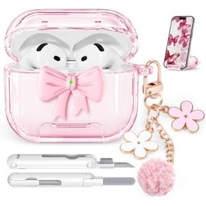for AirPods 4 Case 2024, with Safety Lock & Phone Stand for AirPods 4 Generation Case Cover for Women Girly with Chain, Clear Pink