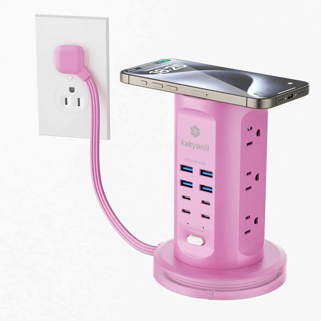 Power Strip Tower, kakyanill Surge Protector Tower 9 AC Outlets 8 USB (4 USB C), 6 Ft Retractable Extension Cord, Charging Station for Office Dorm Room, Purple