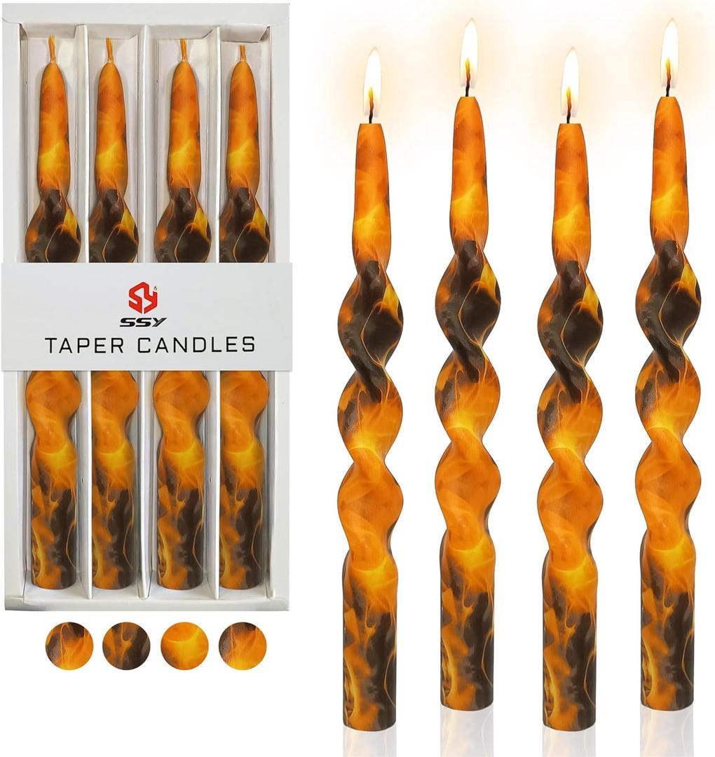 Print Candlesticks Floral Taper Candles - 4pcs Flame Handmade Twisted Candlestick 10 Inch Long Candle Sticks Swirl Tapered Candles for Home Holiday Wedding Dinner (1D4T-FLM)