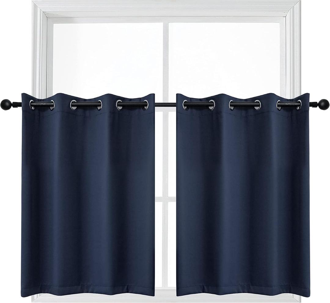 YGO Navy Blue Blackout Curtain Tiers Light Block Energy Saving Drapes Set Blinds Grommet Top Window Valances for Kitchen 52 inch W x 24 inch L 2 Pieces