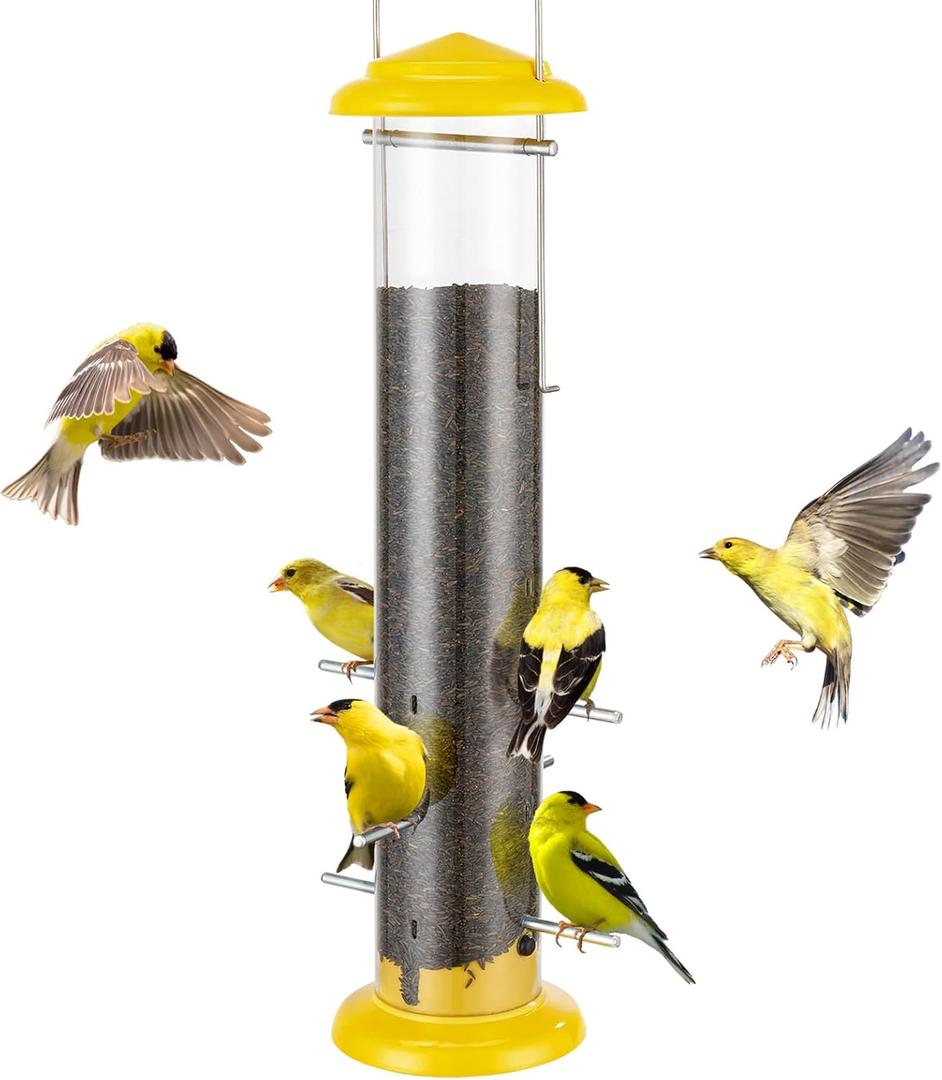 Kingsyard Metal Finch Feeder for Thistle/Nyjer Seed, Tube Bird Feeders for Outdoors Hanging, 2 lbs Large Capacity, Easy to Refill & Clean, Yellow