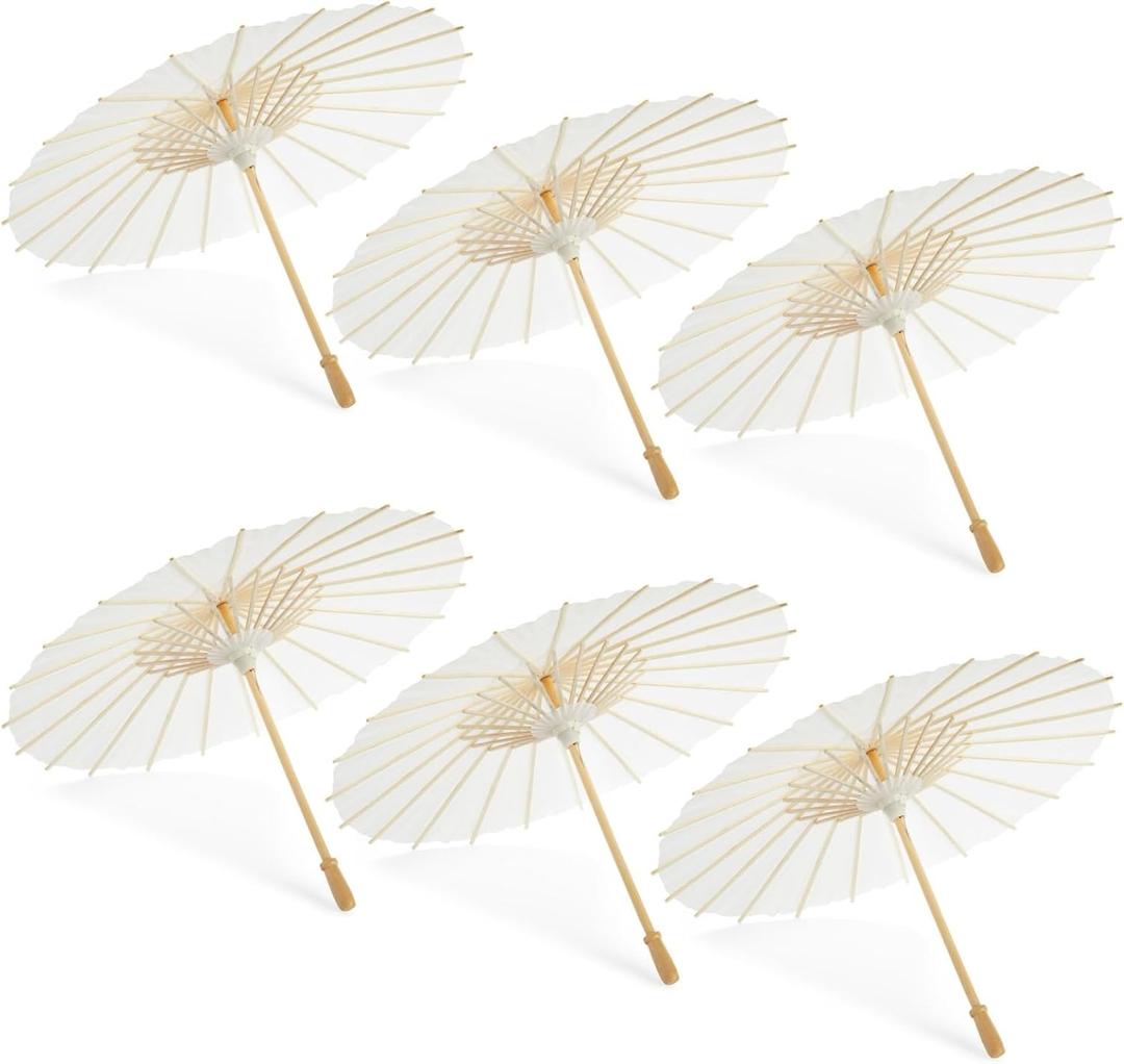 Juvale Parasol Umbrella Set - 6-Pack, 16 in Paper & Poplar Wood, White - Sun Umbrella for Garden Parties, Tea Party Decorations, & Weddings