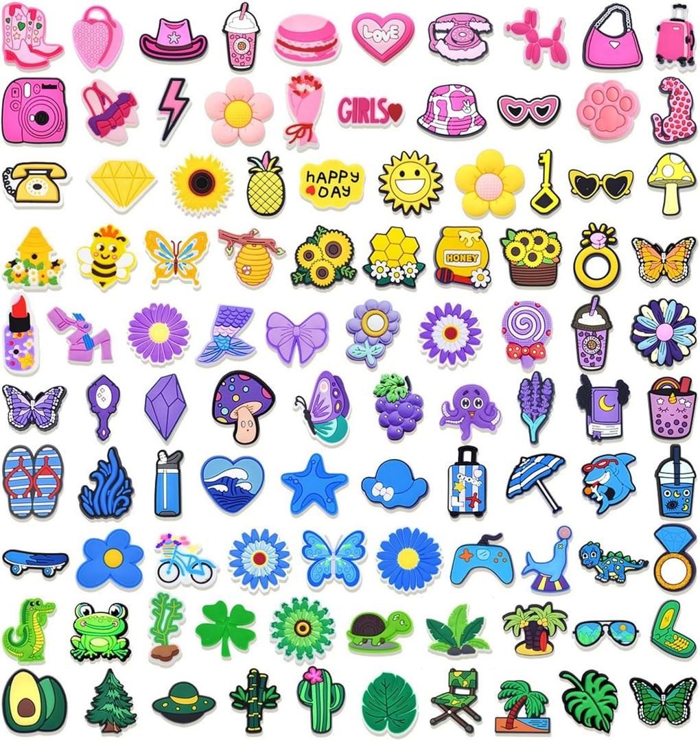 100 Pcs Different Shoe Charms for Clog Shoe Decoration, Cute Animal Flowers Charms for Girls Boys Teens Adults, Cartoon Charm for Shoes Accessories Bracelet Wristband Party Favors