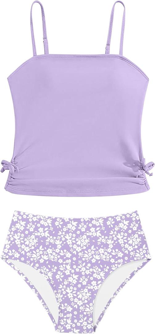 Girls Tankini Swimsuits Two Piece Bathing Suit Drawstring Swimwear Set for Girls, Size 7-8 Years (Purple)