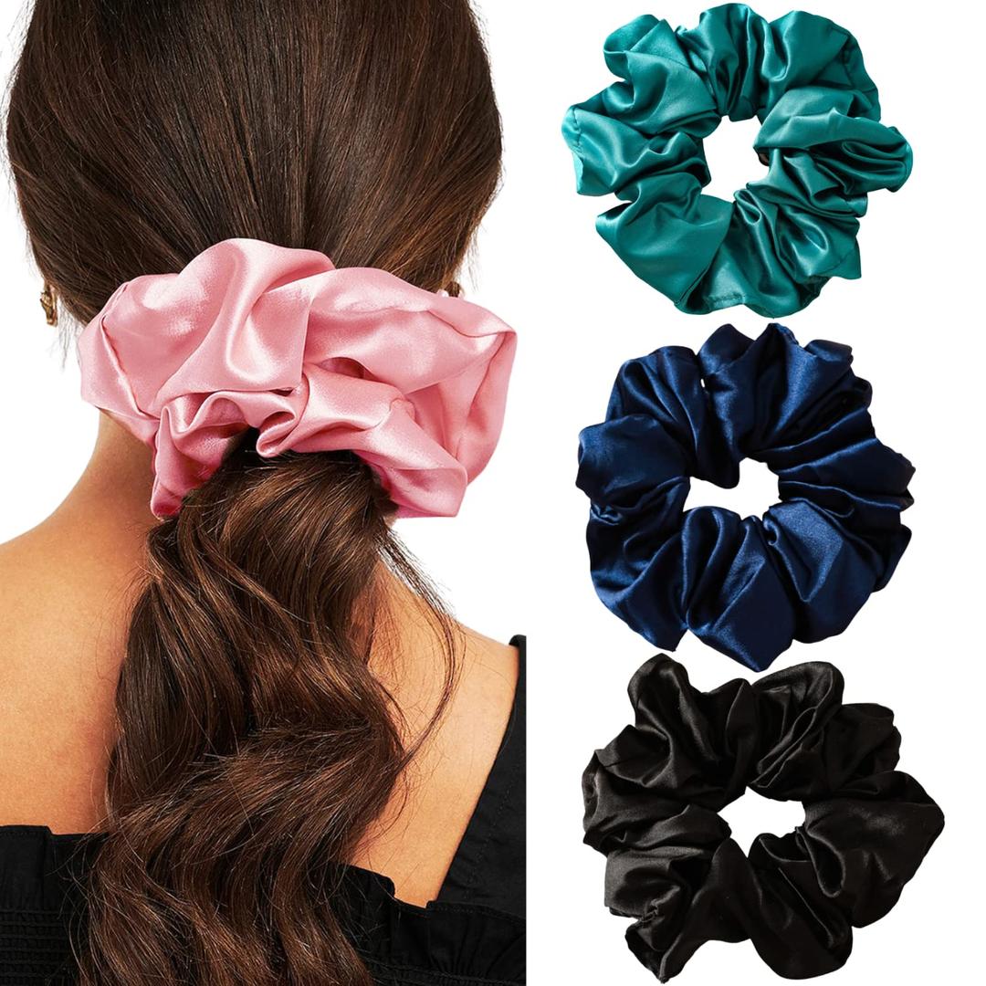 Big Satin Scrunchies for Women, XL Oversized Hair Scrunchies for Thick Hair, Extra Large Soft Silk Pillow Scrunchy, Jumbo Hair Tie for Curly Hair Buns Ponytails, 4 Pack(D)