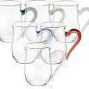 COMI Glass Coffee Cups,8oz Clear Coffee Cups Set of 6,Lightweight Glass Mugs with Colorful Handles,Heat Resistant & ExplosionProof, Perfect for Home, Cafe, Office
