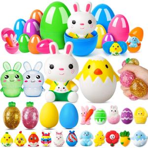 24 Pack Prefilled Easter Eggs with Toys, Bulk Mix 4 Sizes Plastic Easter Eggs with Toys Inside, Surprise Eggs with Stress Toy for Easter Hunt, Party Favors for Kids, Easter Basket Stuffers
