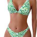 ZAFUL Women's 2 Piece Floral Print Swimsuit Triangle String High Cut Bikini Sets Bathing Suit (Large, 1-green Multicolor)