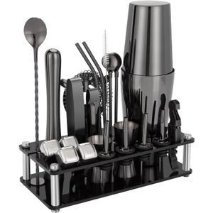 Cocktail Shaker Set, 23-Piece Boston Stainless Steel Bartender Kit with Acrylic Stand & Cocktail Recipes Booklet, Professional Bar Tools for Drink Mixing, Home, Bar, Party - Black