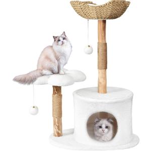 Easyego Modern Cat Tree, 36.6" Aesthetic Wood Cat Tree Tower for Large Cats, Luxury Cat Condo with Scratching Posts and Flower Platforms, Cat Furniture, White